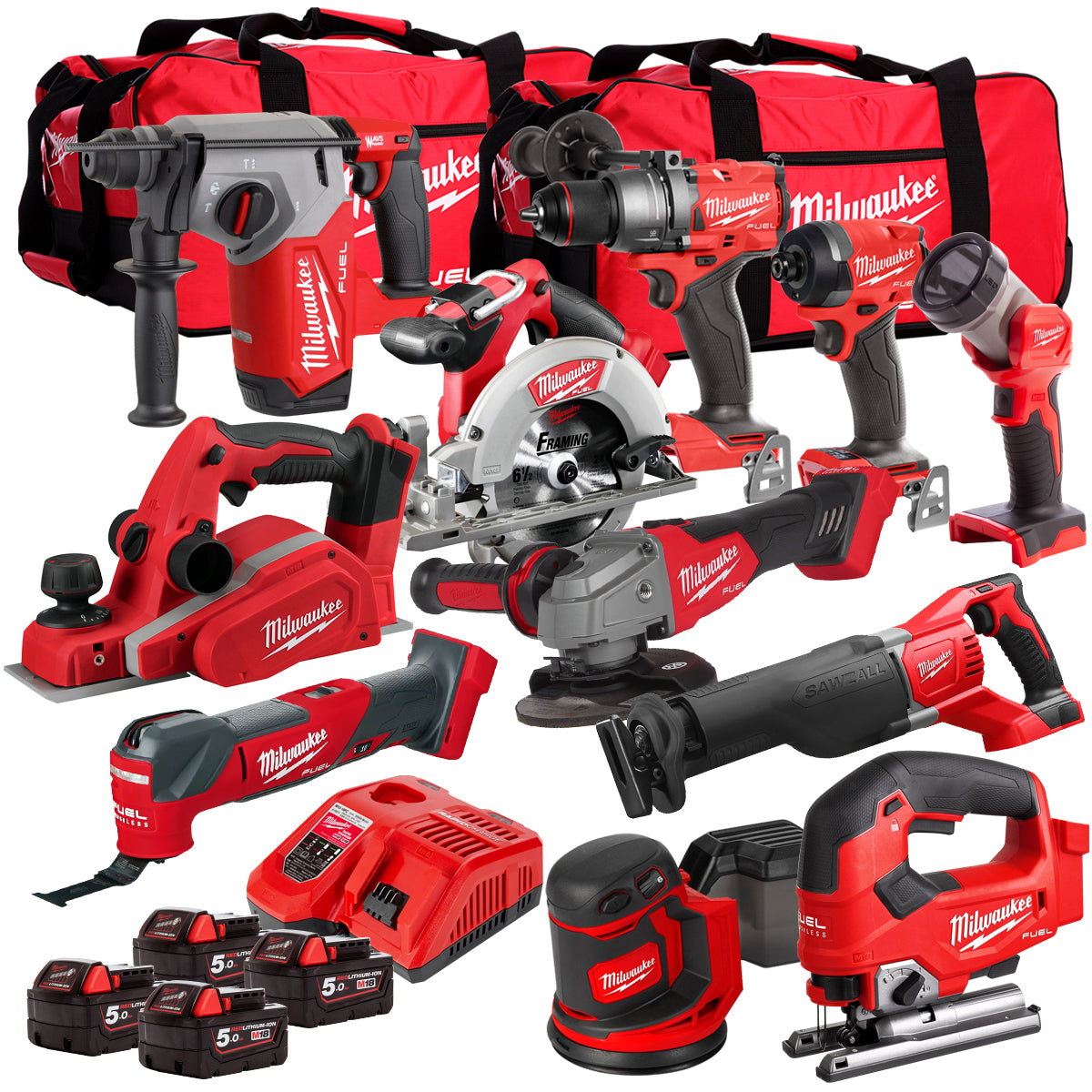 Milwaukee 18V Cordless 11 Piece Tool Kit with 4 x 5.0Ah Batteries & Charger in Bag T4TM-9