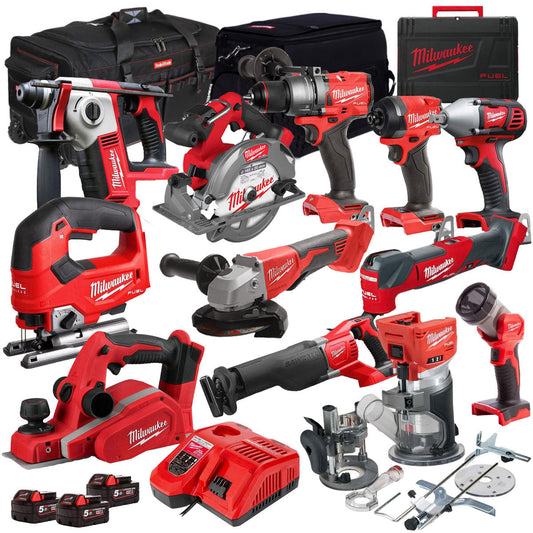 Milwaukee 18V Cordless 12 Piece Tool Kit with 3 x 5.0Ah Batteries & Charger in Bag T4TM-10
