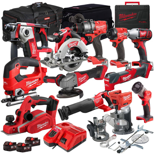 Milwaukee 18V Cordless 12 Piece Tool Kit with 3 x 5.0Ah Batteries & Charger in Bag T4TM-10