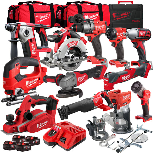 Milwaukee 18V Cordless 12 Piece Tool Kit with 4 x 5.0Ah Batteries & Charger in Bag T4TM-10