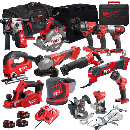 Milwaukee 18V Cordless 13 Piece Tool Kit with 3 x 5.0Ah Batteries & Charger in Bag T4TM-11