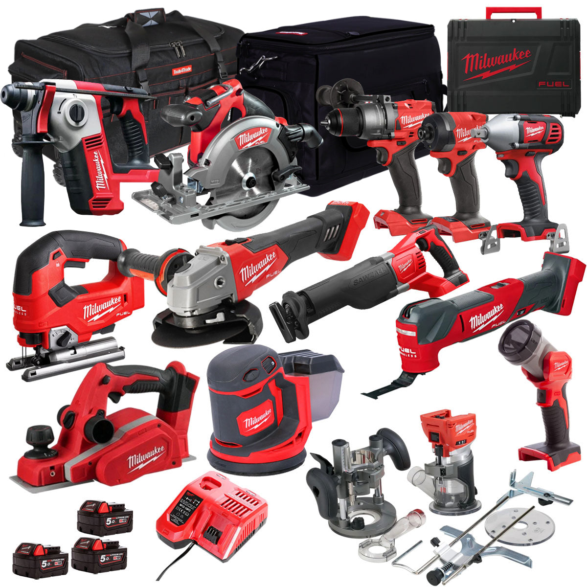 Milwaukee 18V Cordless 13 Piece Tool Kit with 3 x 5.0Ah Batteries & Charger in Bag T4TM-11