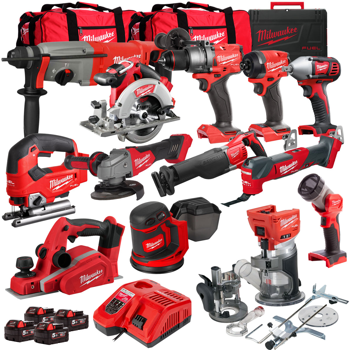 Milwaukee 18V Cordless 13 Piece Tool Kit with 4 x 5.0Ah Batteries & Charger in Bag T4TM-11