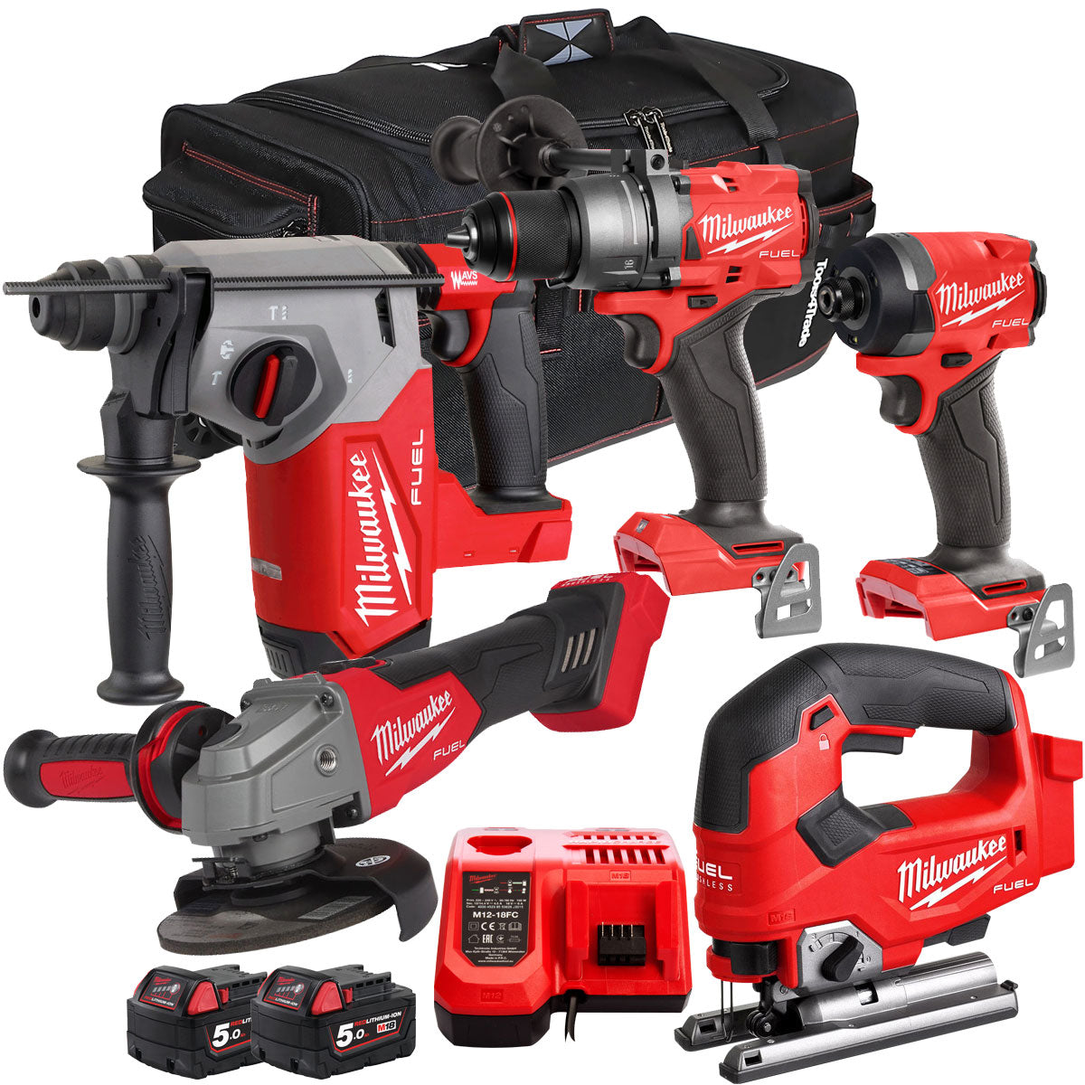 Milwaukee 18V Cordless 5 Piece Tool Kit with 2 x 5.0Ah Batteries & Charger in Bag T4TM-14