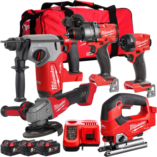 Milwaukee 18V Cordless 5 Piece Tool Kit with 3 x 5.0Ah Batteries & Charger in Bag T4TM-14
