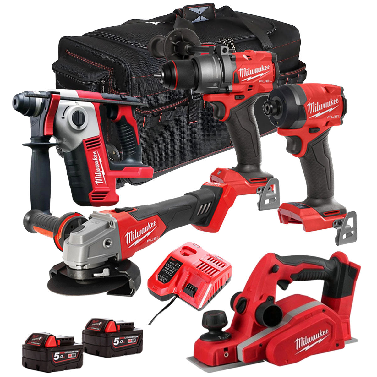 Milwaukee 18V Cordless 5 Piece Tool Kit with 2 x 5.0Ah Batteries & Charger in Bag T4TM-15