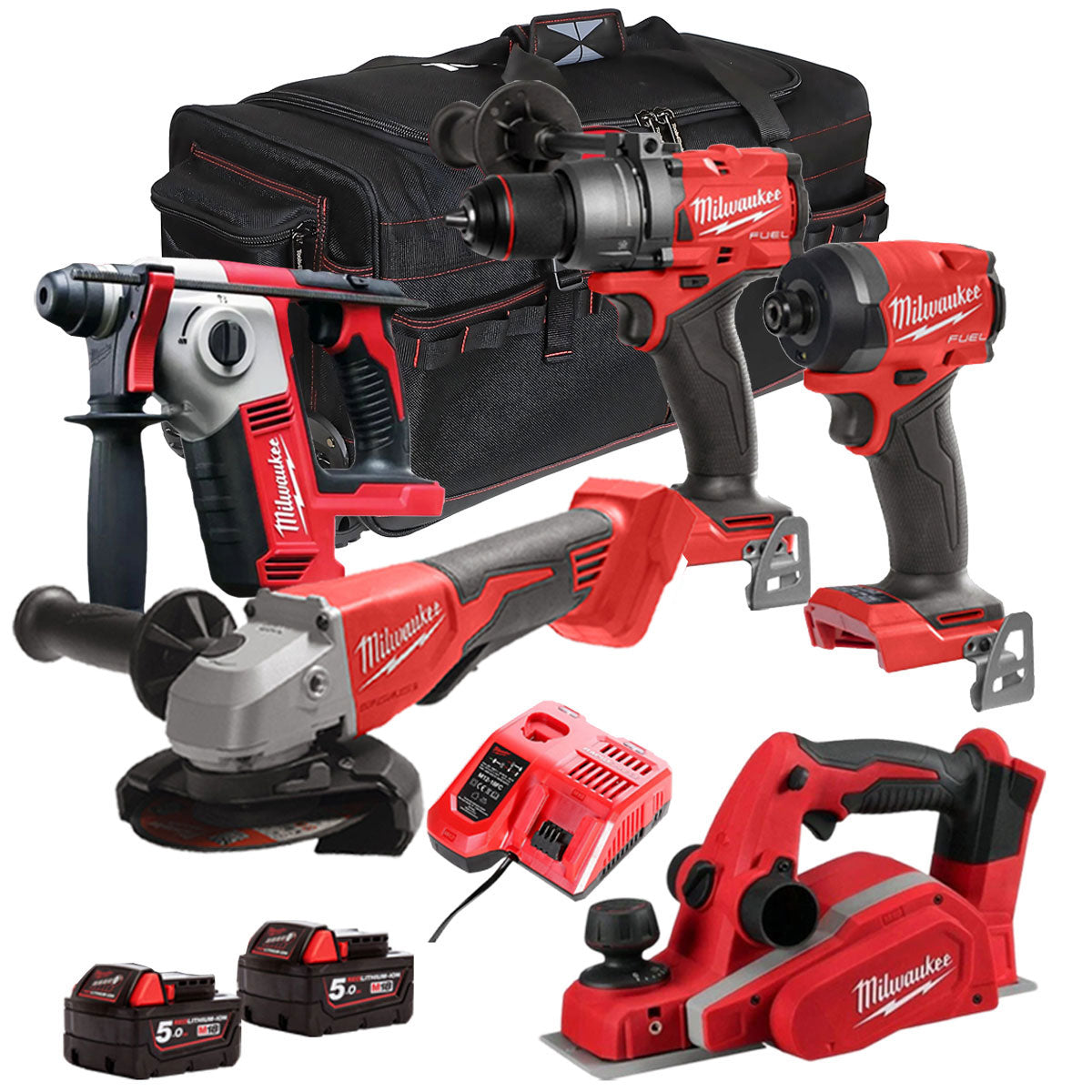 Milwaukee 18V Cordless 5 Piece Tool Kit with 2 x 5.0Ah Batteries & Charger in Bag T4TM-15