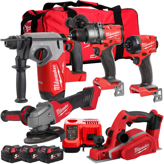 Milwaukee 18V Cordless 5 Piece Tool Kit with 3 x 5.0Ah Batteries & Charger in Bag T4TM-15