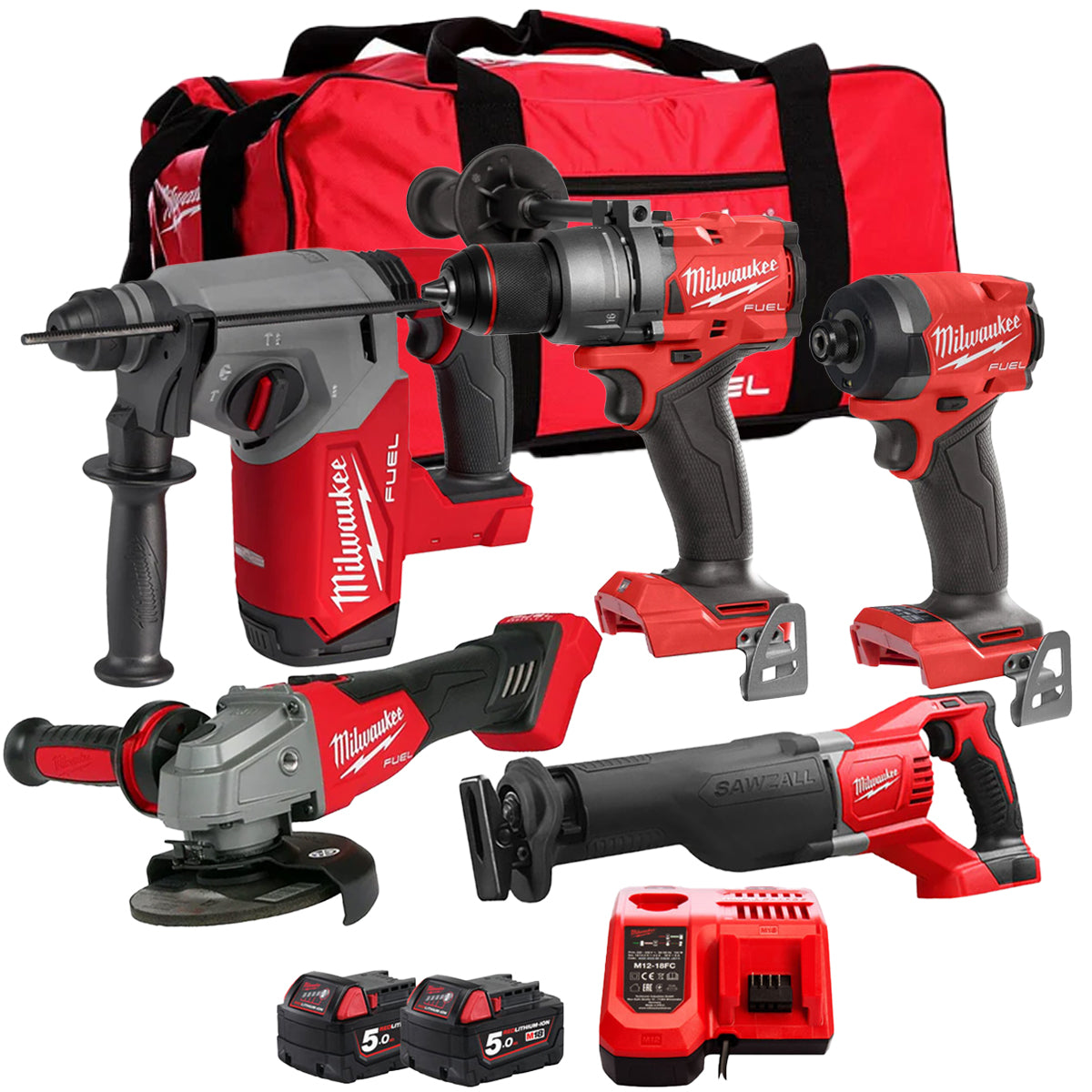 Milwaukee 18V Cordless 5 Piece Tool Kit with 2 x 5.0Ah Batteries & Charger in Bag T4TM-16