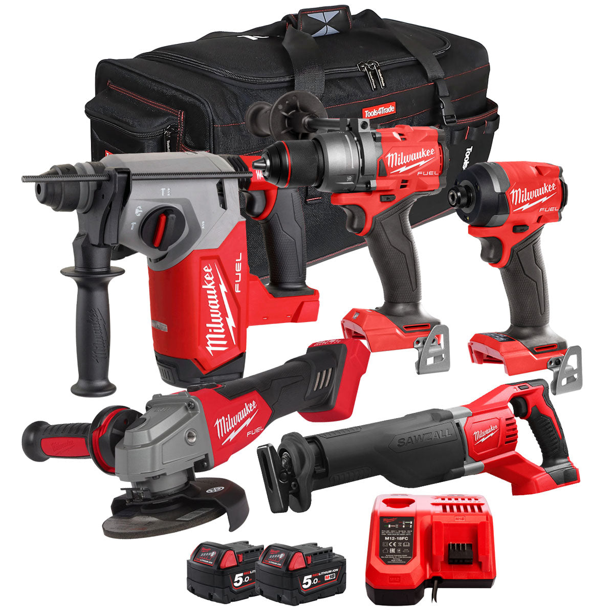 Milwaukee 18V Cordless 5 Piece Tool Kit with 2 x 5.0Ah Batteries & Charger in Bag T4TM-16