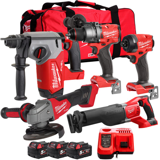 Milwaukee 18V Cordless 5 Piece Tool Kit with 3 x 5.0Ah Batteries & Charger in Bag T4TM-16