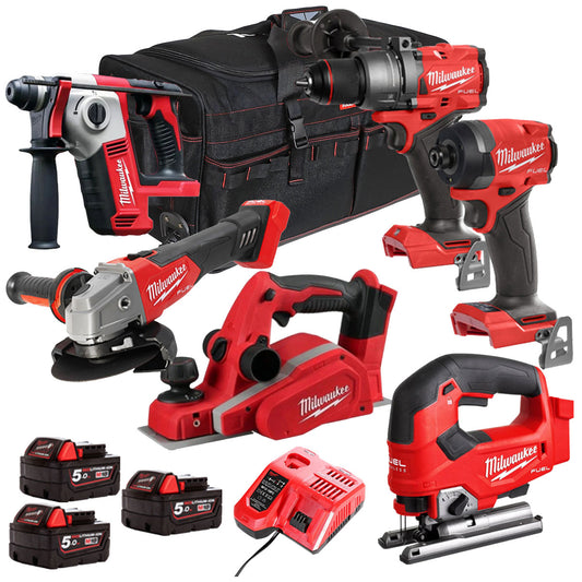 Milwaukee 18V Cordless 6 Piece Tool Kit with 3 x 5.0Ah Batteries & Charger in Bag T4TM-17