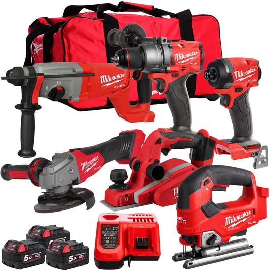 Milwaukee 18V Cordless 6 Piece Tool Kit with 3 x 5.0Ah Batteries & Charger in Bag T4TM-17