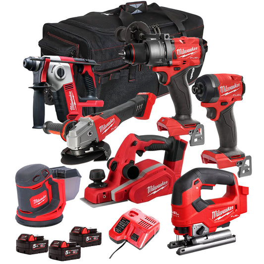 Milwaukee 18V Cordless 7 Piece Tool Kit with 3 x 5.0Ah Batteries & Charger in Bag T4TM-19