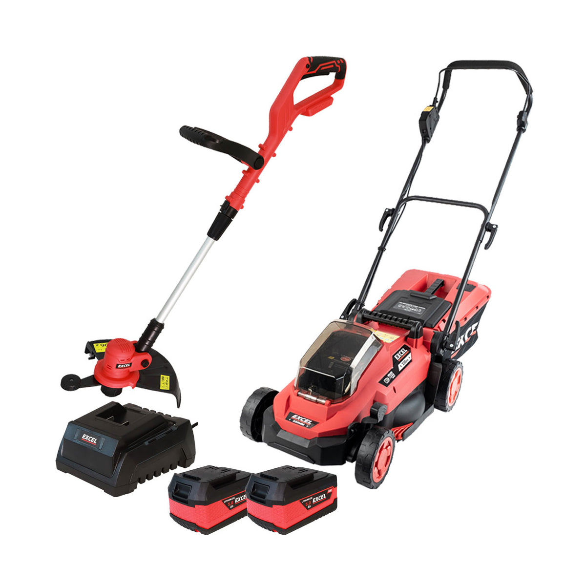 Excel 18V Cordless 330mm Lawn Mower & 300mm Grass Trimmer 2 x 5.0Ah Battery & Charger EXL14990