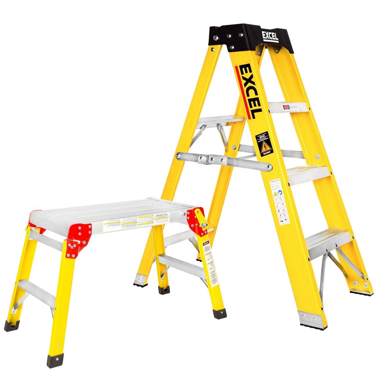 Excel Heavy Duty Fibreglass 4 Tread Ladder with Folding Hop up