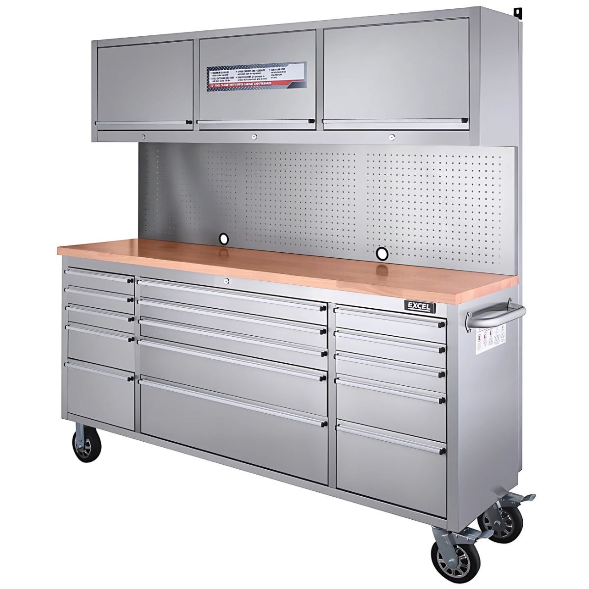 Excel 72inch 15 Drawer Stainless Steel Workbench Roller Tool Chest Cabinet with 3 Overhead Cabinets & 2 Tall Cabinet