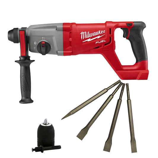 Milwaukee M18CHD-0 18V Brushless SDS-Plus Rotary Hammer Drill with 4 Piece Chisel Set & Chuck