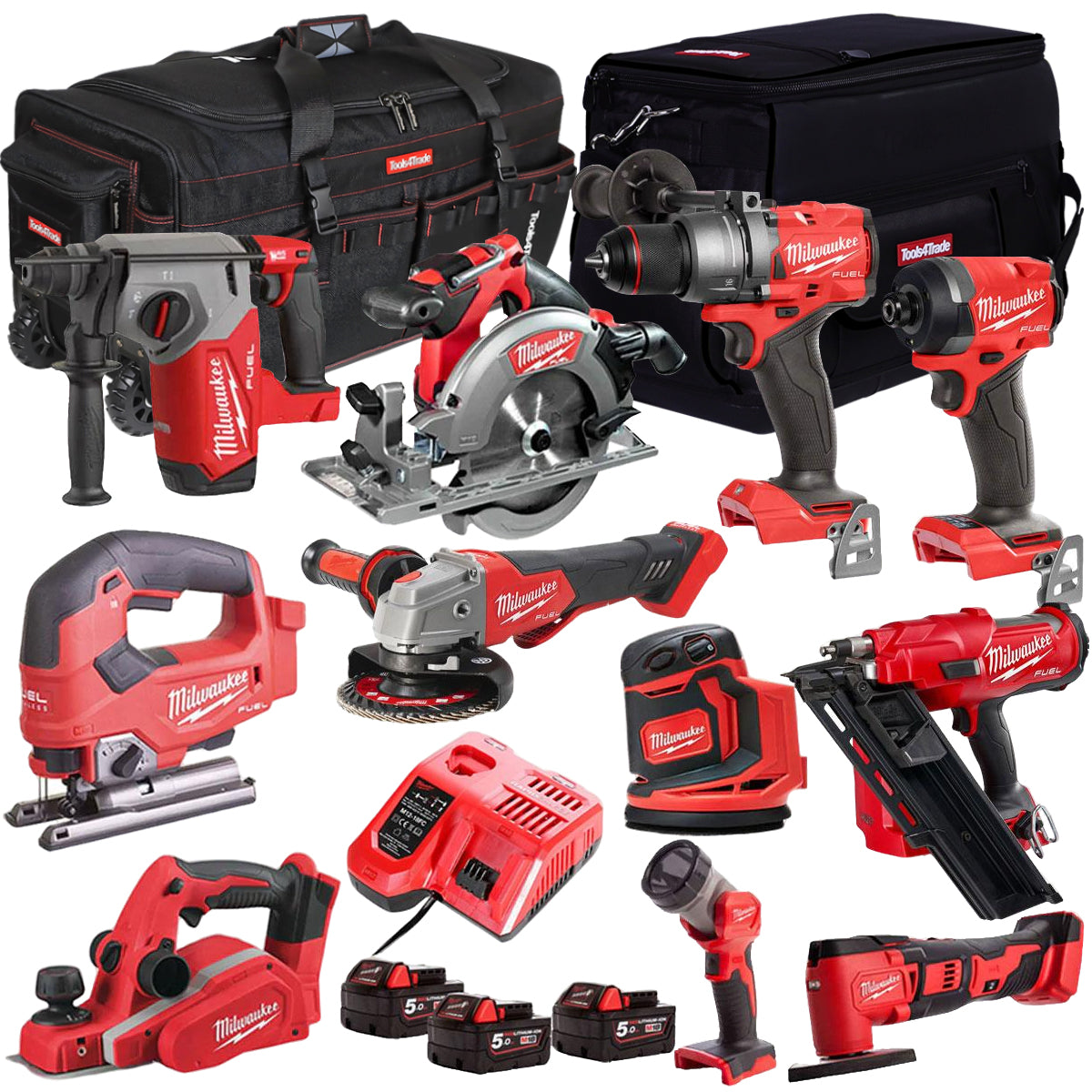 Milwaukee 18V Cordless 11 Piece Tool Kit with 3 x 5.0Ah Batteries & Charger in Bag T4TKIT-511