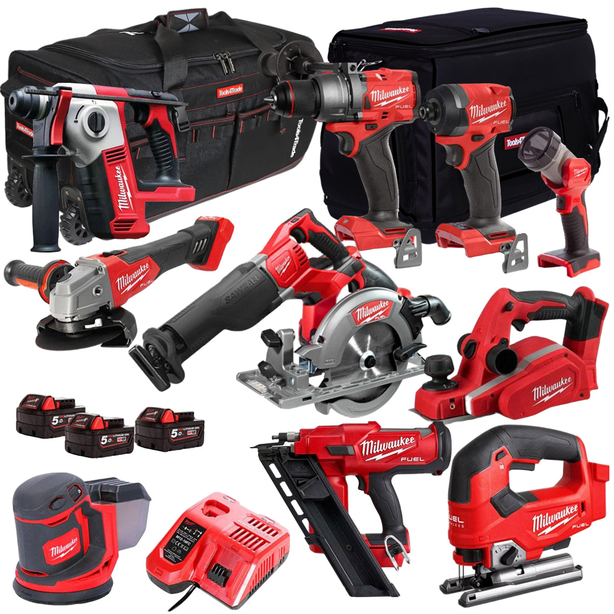 Milwaukee 18V Cordless 11 Piece Tool Kit with 3 x 5.0Ah Batteries & Charger in Bag T4TKIT-515