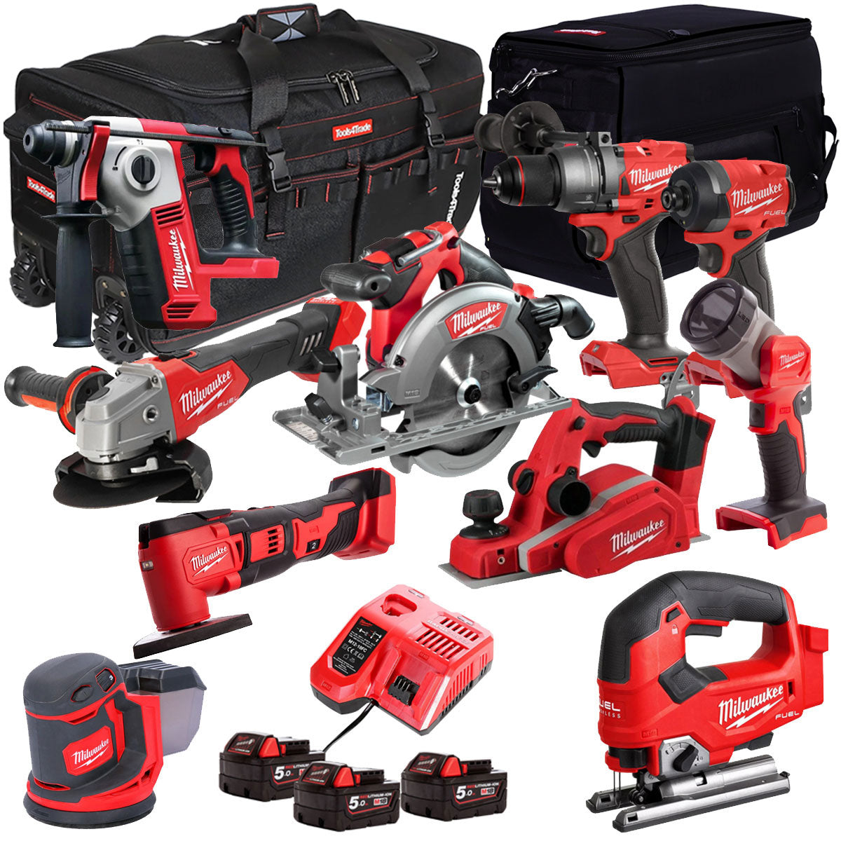 Milwaukee 18V Cordless 10 Piece Tool Kit with 3 x 5.0Ah Batteries & Charger in Bag T4TKIT-505