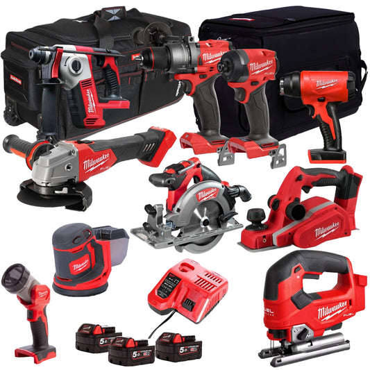 Milwaukee 18V Cordless 10 Piece Tool Kit with 3 x 5.0Ah Batteries & Charger in Bag T4TKIT-507