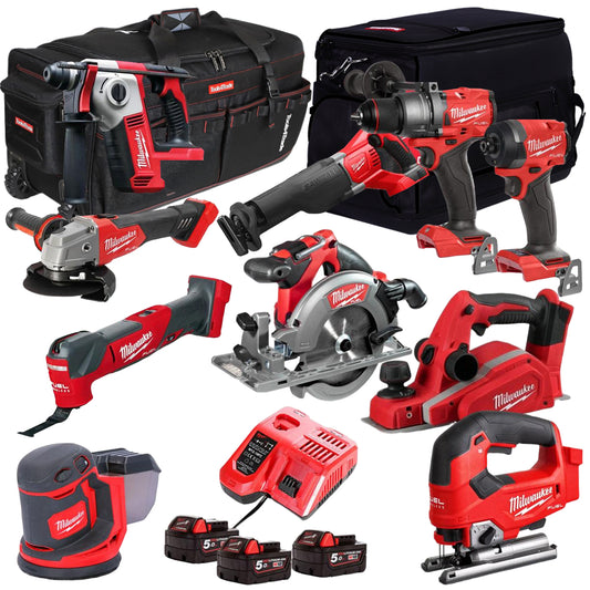 Milwaukee 18V Cordless 10 Piece Tool Kit with 3 x 5.0Ah Batteries & Charger in Bag T4TKIT-509