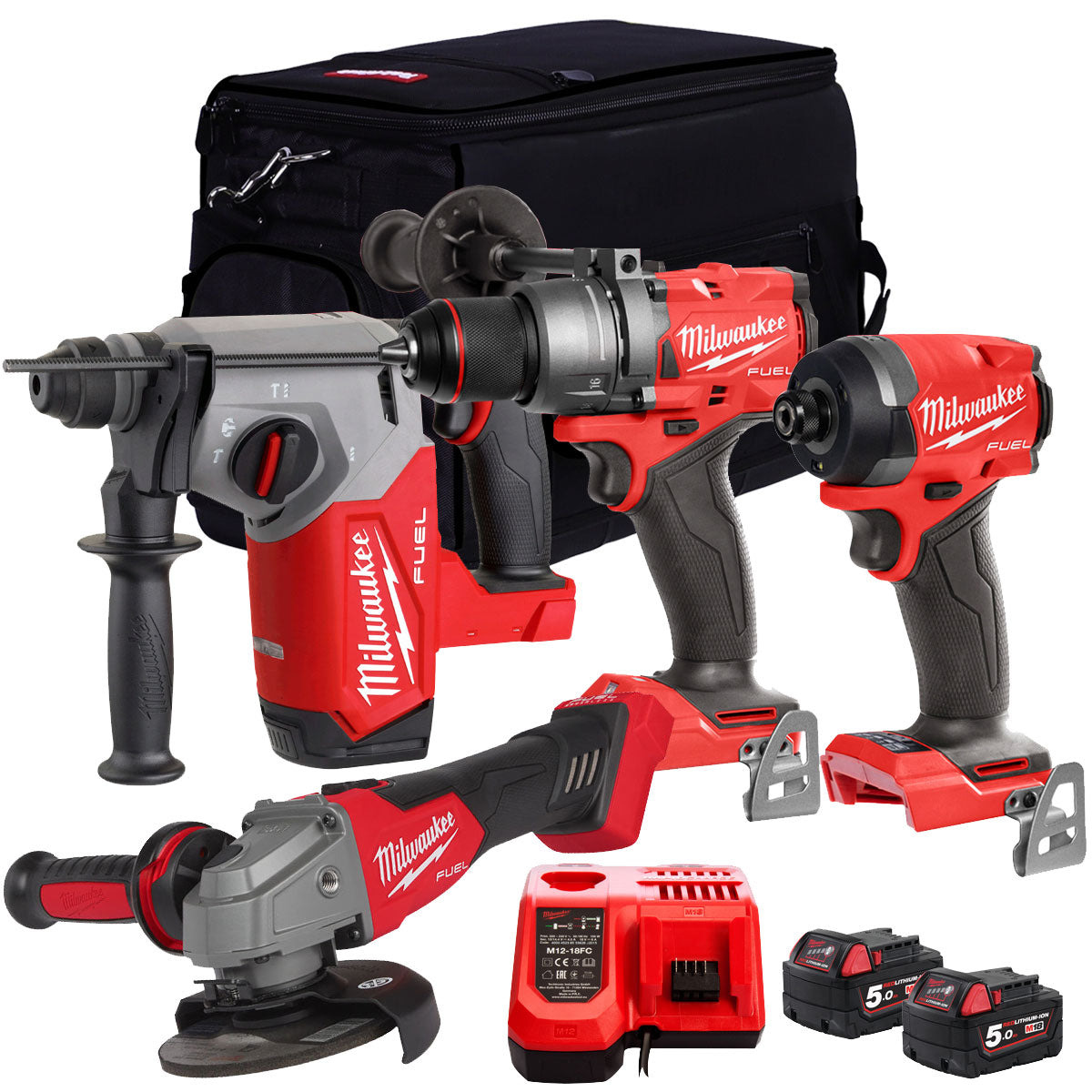 Milwaukee M18FPP4Z-503B 18V 4 Piece Power Tool Kit With 2 x 5.0Ah Batteries Charger & Bag