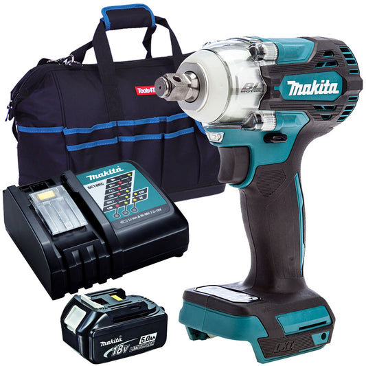 Makita DTW300Z 18V 1/2" Brushless Impact Wrench with 1 x 5.0Ah Battery Charger & Tool Bag