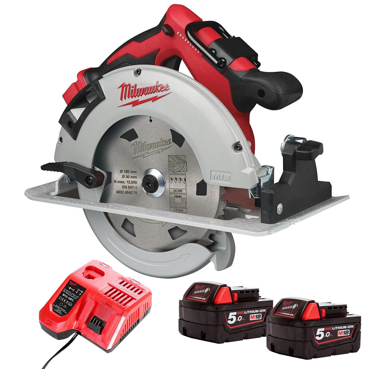 Milwaukee M18BLCS66-0 18V Brushless 190mm Circular Saw with 2 x 5.0Ah Battery & Charger