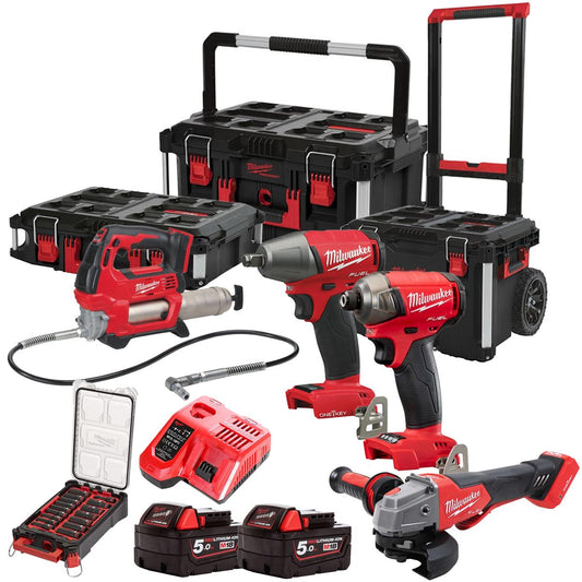Milwaukee 18V 4 Piece Power Tool Kit with 2 x 5.0Ah Battery, Charger, Socket Set & Packout Trolley Toolbox