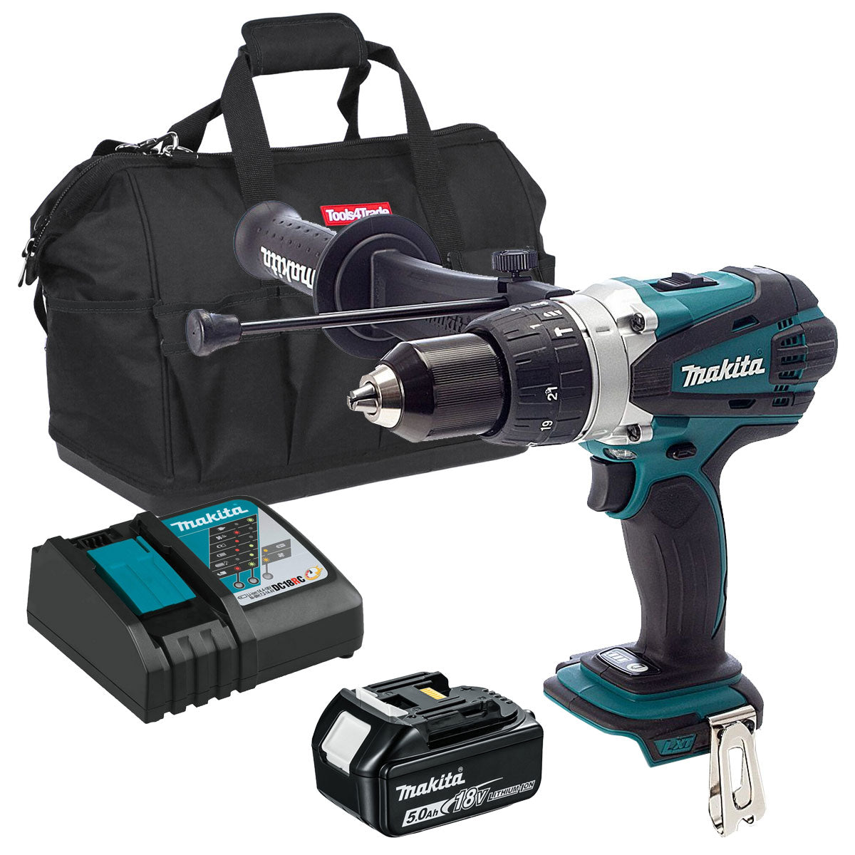 Makita DHP458Z 18V Combi Drill with 1 x 5.0Ah Battery Charger & Tool Bag