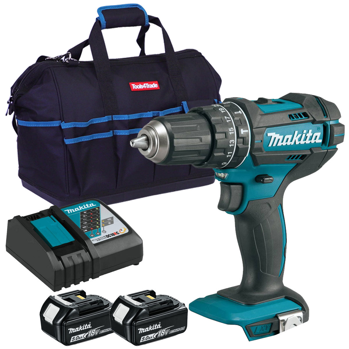 Makita DHP482Z 18V Combi Drill with 2 x 5.0Ah Battery Charger & Tool Bag