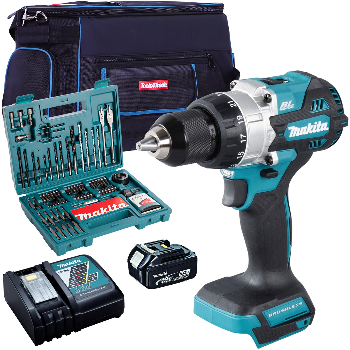 Makita DHP486Z 18V Brushless Combi Drill with 1 x 5.0Ah Battery + Charger + 100 Accessories & Tool Bag