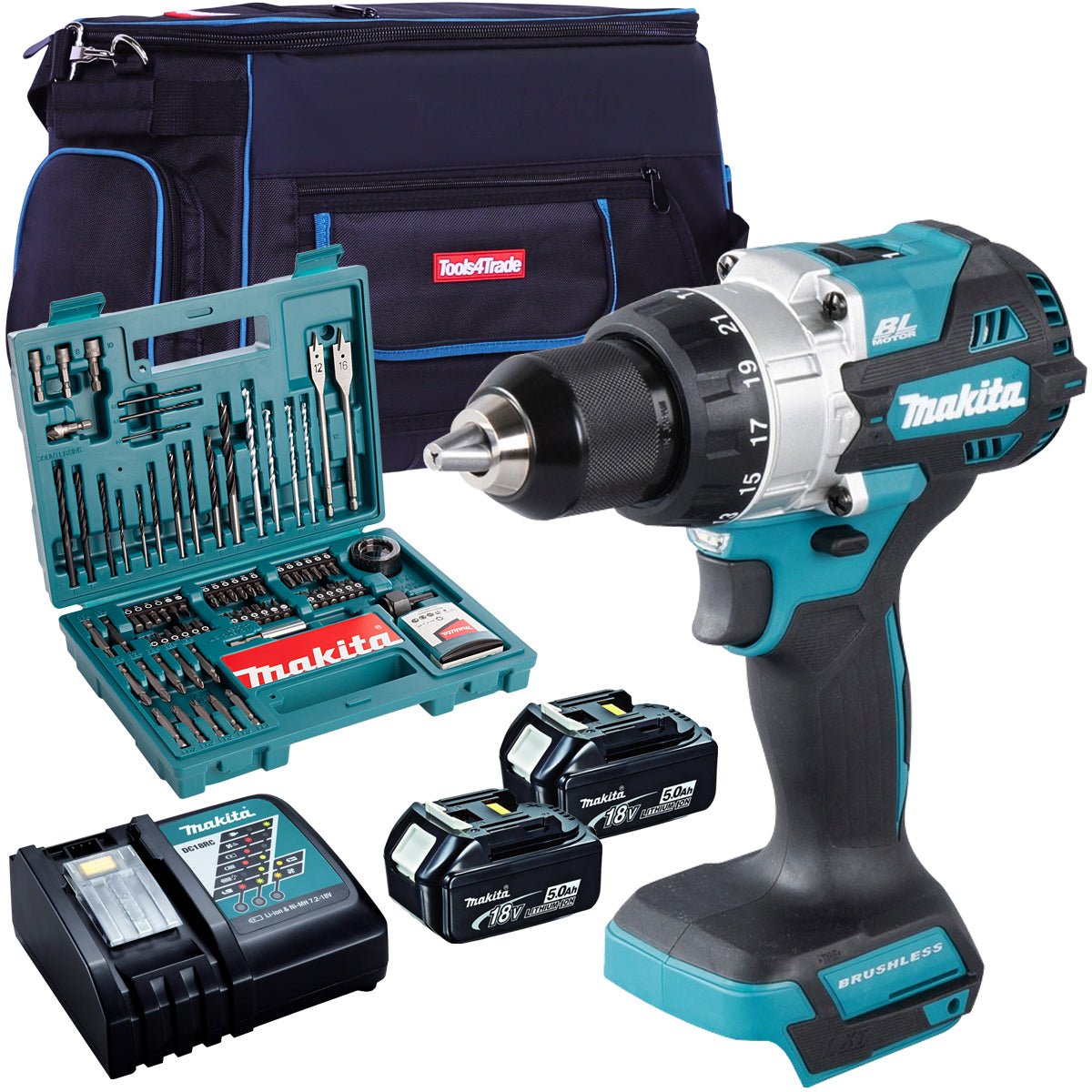 Makita DHP486Z 18V Brushless Combi Drill with 2 x 5.0Ah Battery + Charger + Accessories & Tool Bag