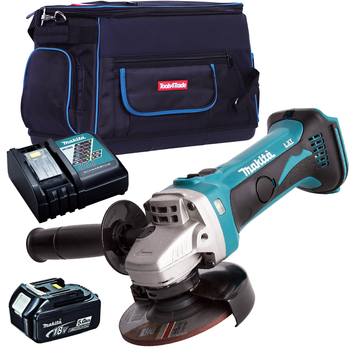 Makita DGA452Z 18V 115mm Angle Grinder with 1 x 5.0Ah Battery Charger & Tool Bag