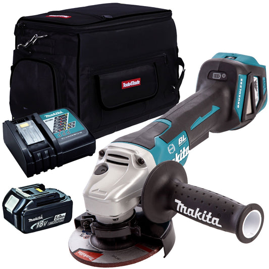 Makita DGA467Z 18V Brushless 115mm Angle Grinder With 1 x 5.0Ah Battery Charger & Tool Bag