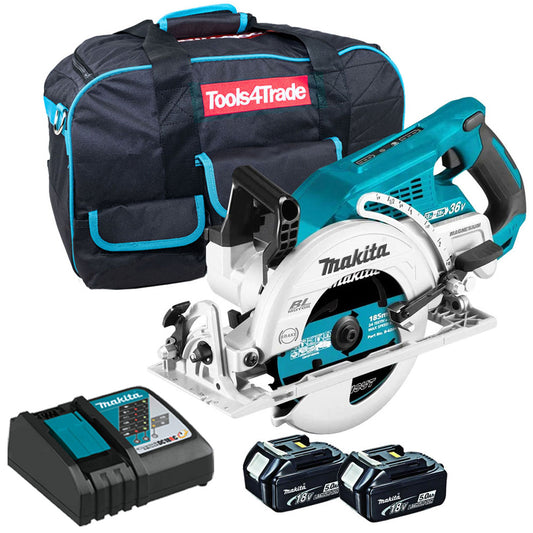 Makita DRS780Z 36V Brushless 185mm Circular Saw with 2 x 5.0Ah Battery Charger & Tool Bag