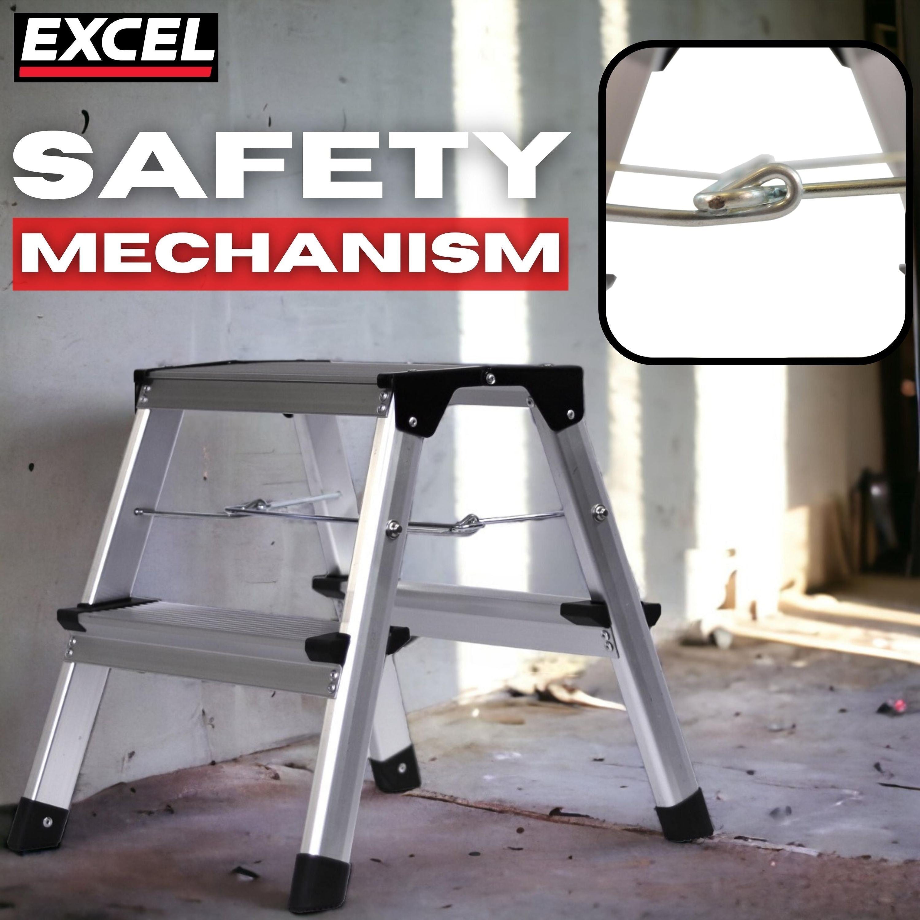 Excel Aluminium Stool Ladder 2 Tread Heavy Duty Folding Hop Up 350mm x 400mm Item Condition Box Opened Never Used