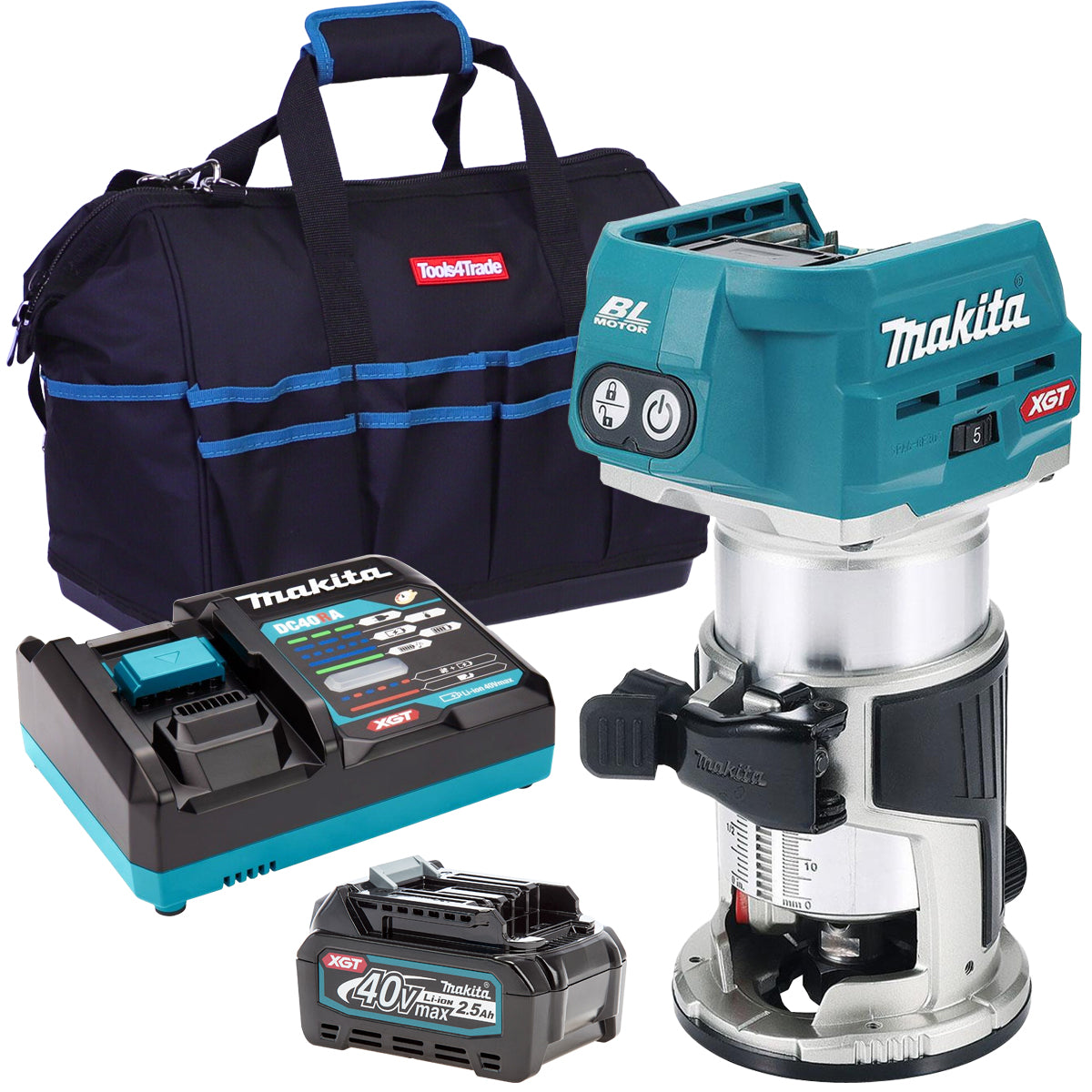 Makita RT001GZ01 40V Brushless Router Trimmer With 1 x 2.5Ah Battery Charger & Bag