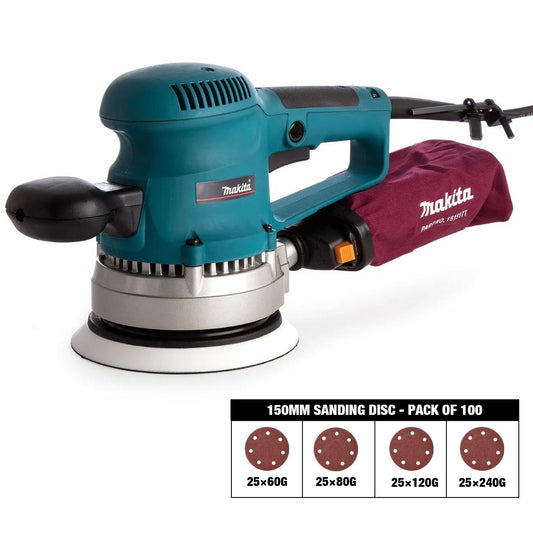Makita BO6030/2 150mm Corded Random Orbit Sander & Dust Bag 240V with Sanding Disc 60G, 80G, 120G, 240G Pack of 100