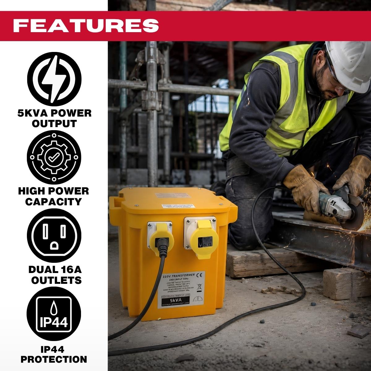 Connexion 5kVA 110V Site Transformer with 2 x 16A, 1 x 32A Sockets, 13A Plug & 1.5m Cable - 10962