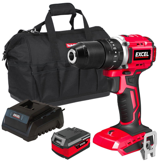 Excel 18V Cordless Brushless Combi Drill with 1 x 4.0Ah Battery Charger & Bag