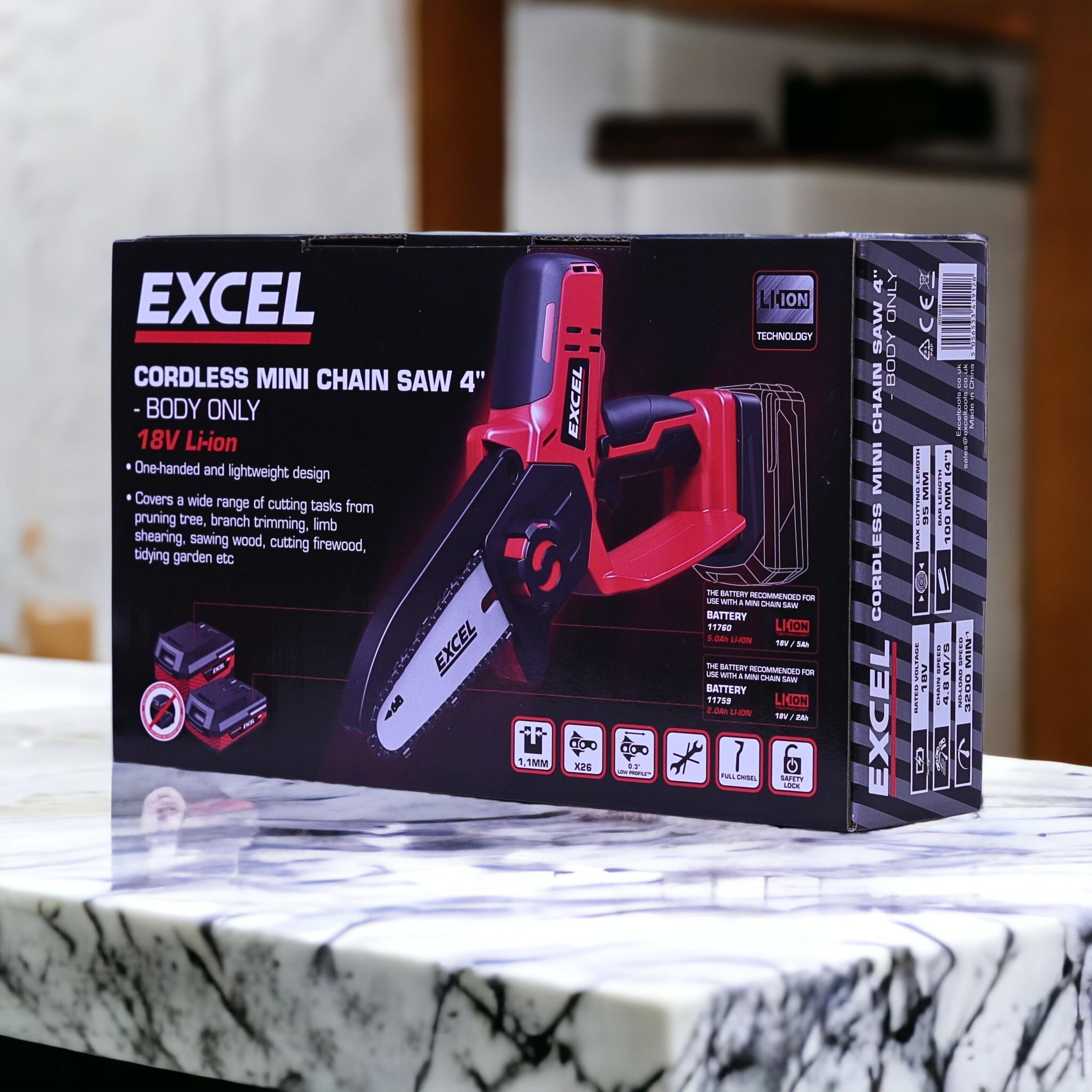 Excel 18V Cordless Mini Chain Saw with 1 x 5.0Ah Battery Charger & Bag