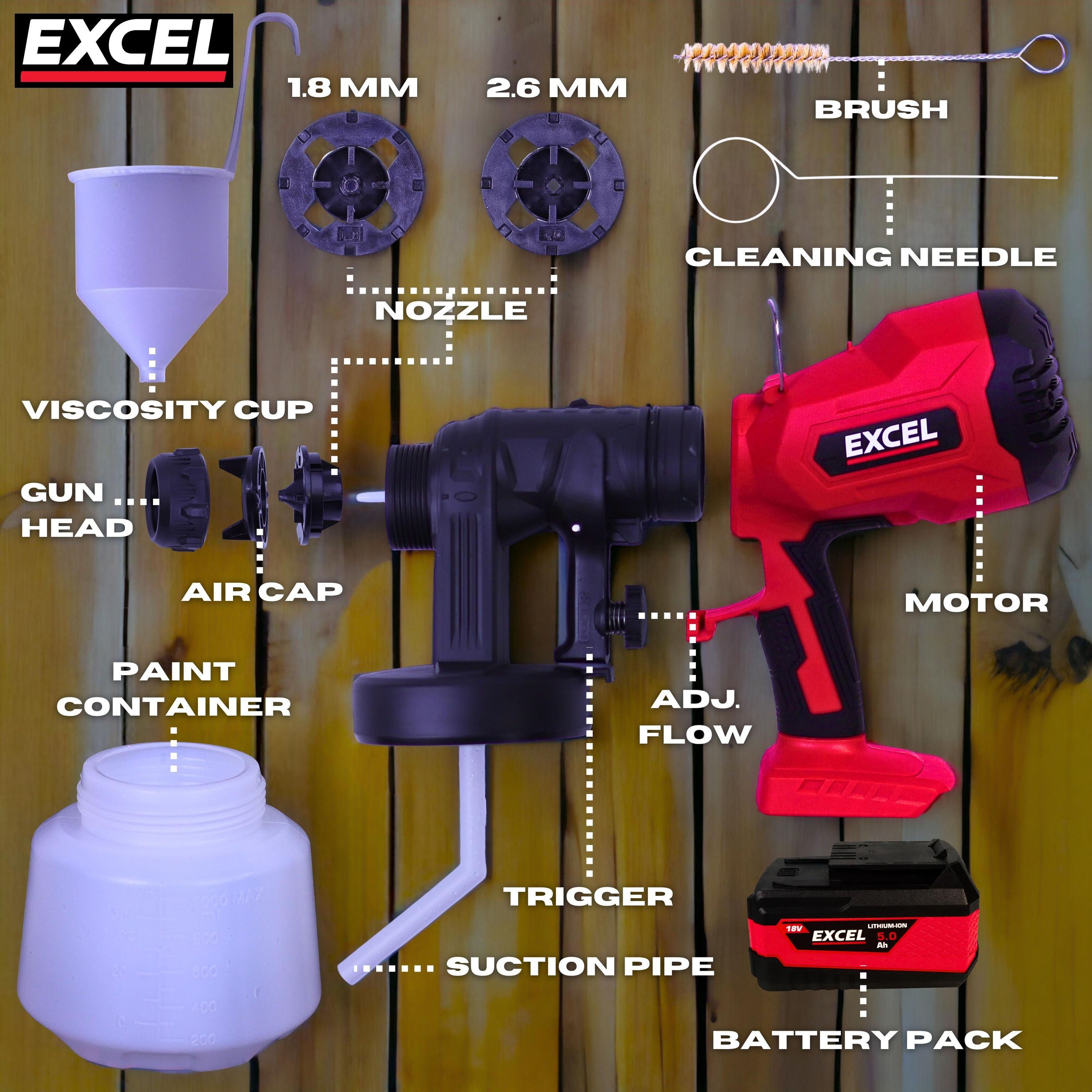 Excel 18V Cordless 1000ml Spray Gun with 1 x 4.0Ah Battery & Charger