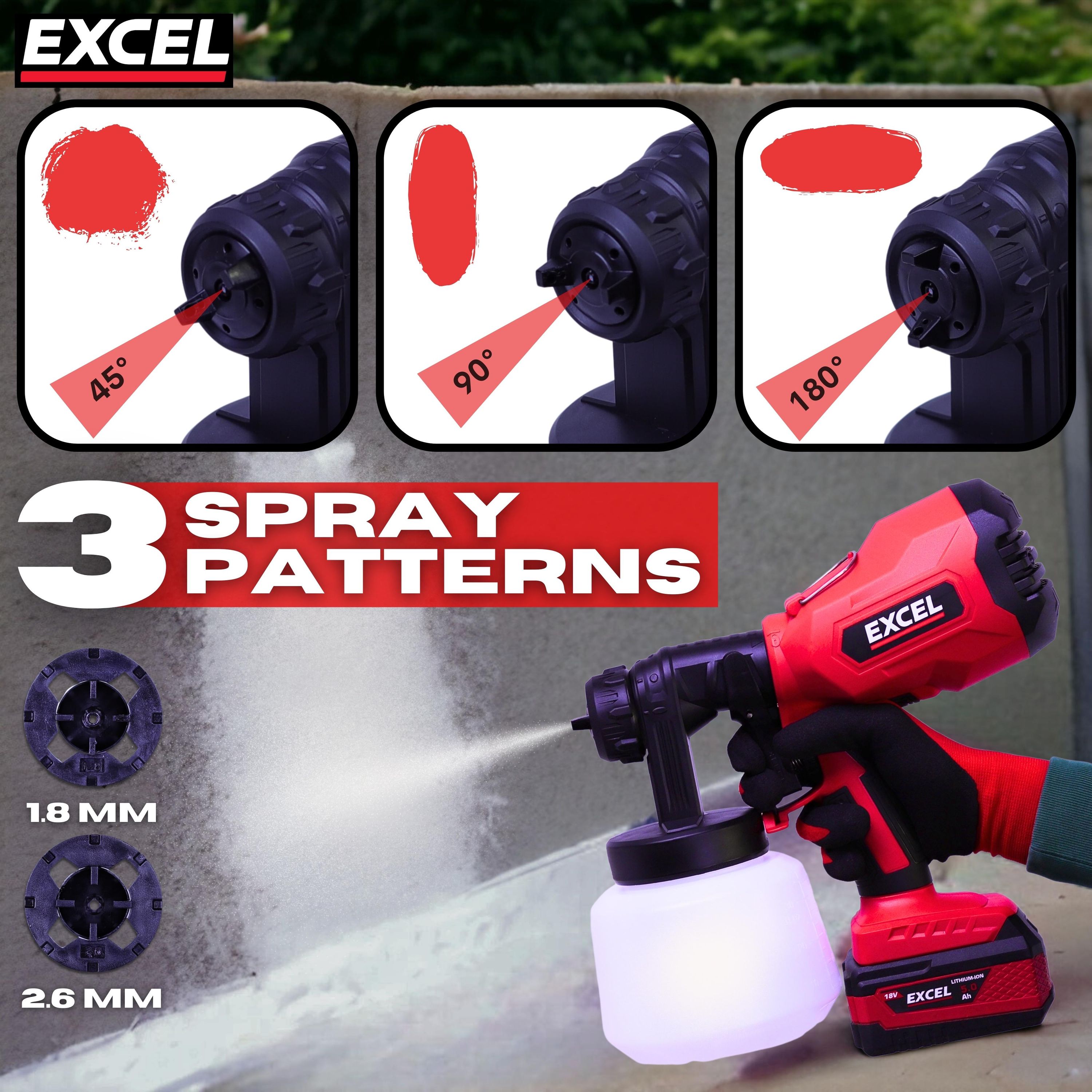 Excel 18V Cordless 1000ml Spray Gun with 2 x 2.0Ah Battery & Charger