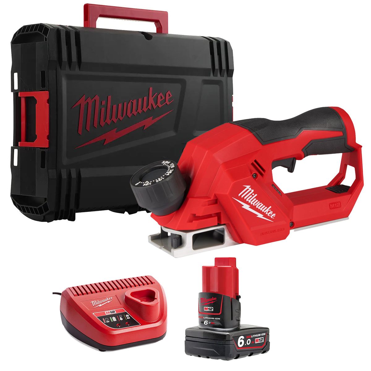 Milwaukee M12BLP-0X 12V Brushless 56mm Planer with 1 x 6.0Ah Battery Charger & Case