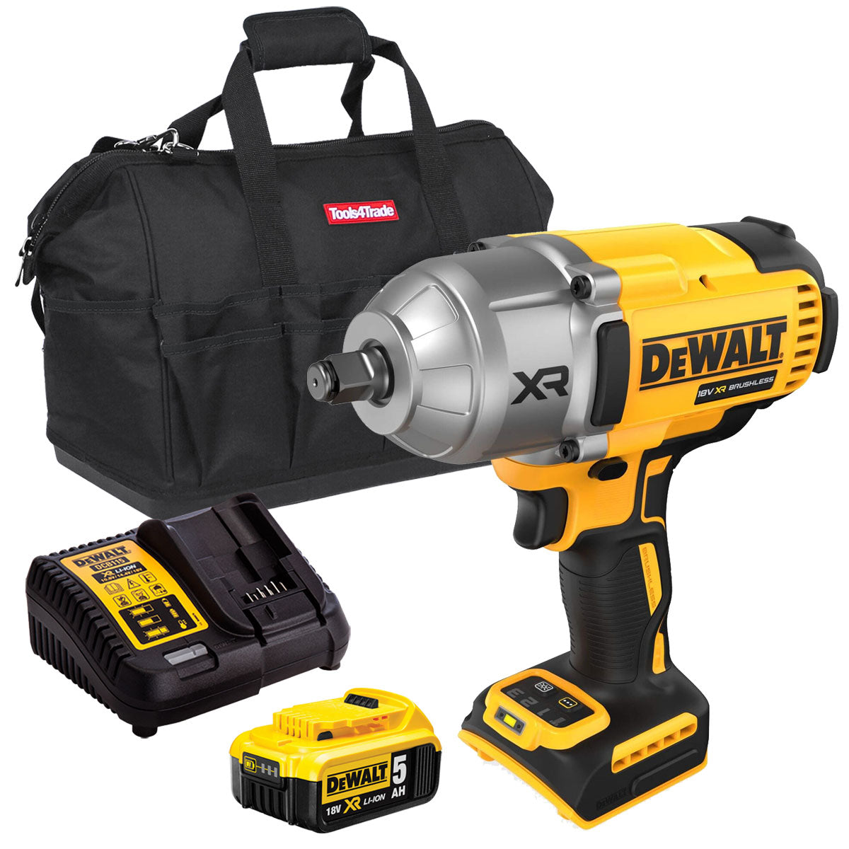 Dewalt DCF900N 18V XR Brushless 1/2” High Torque Impact Wrench Hog Ring with 1 x 5.0Ah Battery Charger & Bag