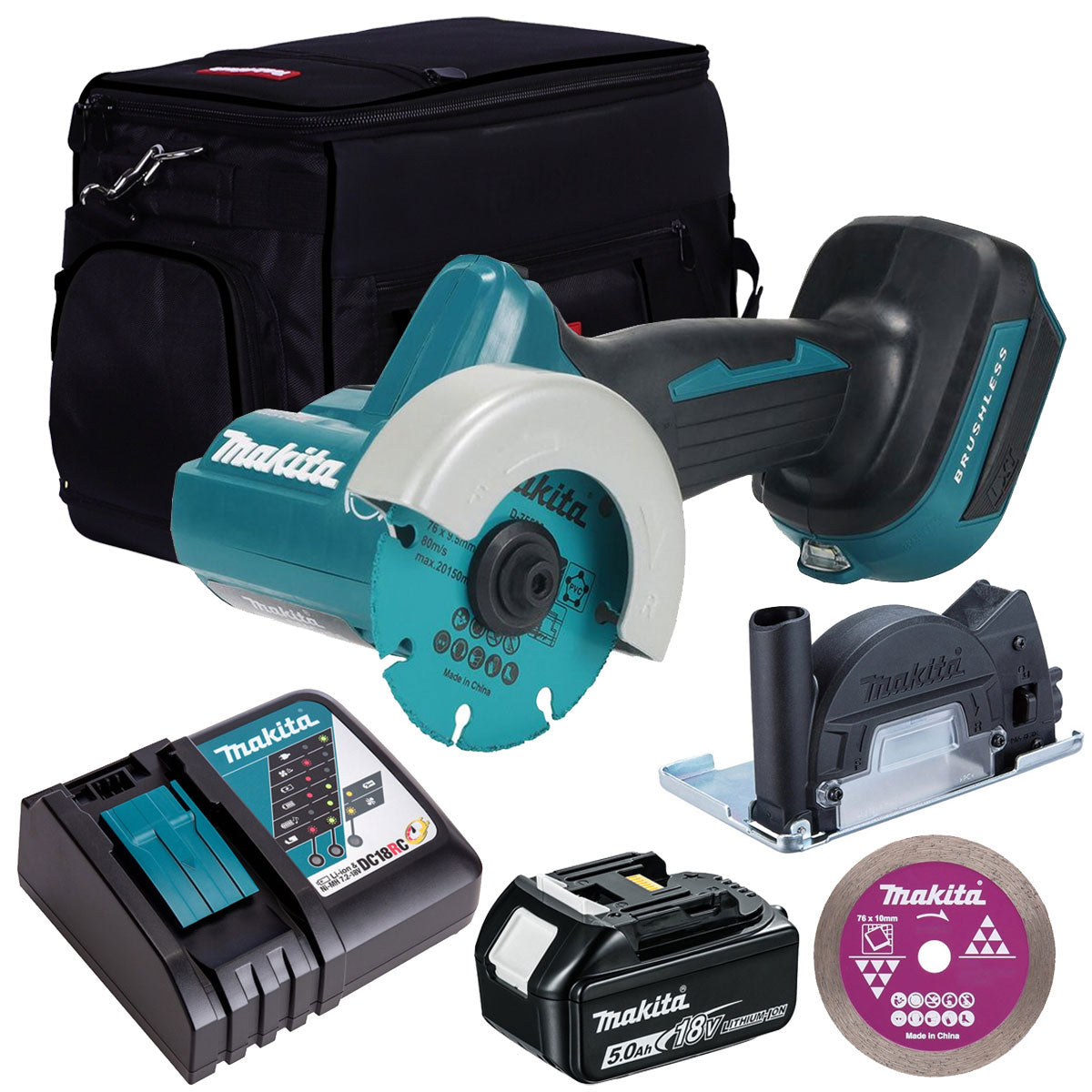 Makita DMC300Z 18V 76mm Brushless Disc Cutter With 1 x 5.0Ah Battery Charger & Bag