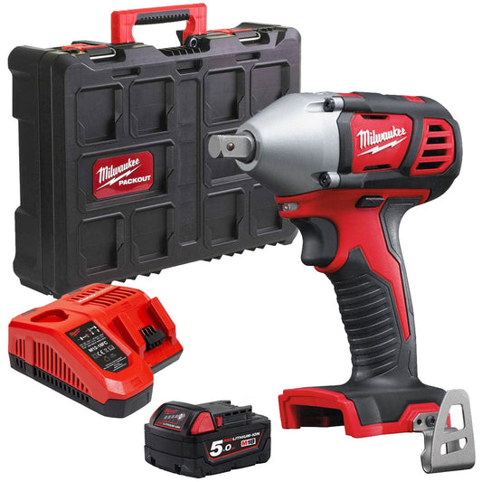 Milwaukee M18BIW12-0 18V 1/2in Impact Wrench with 1 x 5.0Ah Battery Charger & Empty Case